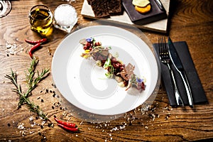 Steak tartare served on a plate in restaurant