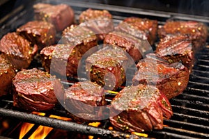 steak tips on bbq grill covered in garlic marinade