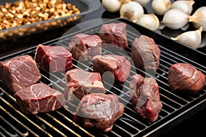 steak tips and garlic cloves on metallic grill grates