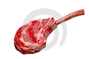 Steak the Tomahawk rests on a white background.