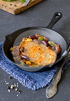 Steak and vegetables in a skillet