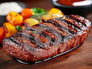 A steak on a wooden cutting board with vegetables and sauce