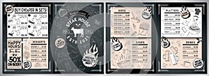 Steakhouse, barbecue grill bar menu template - A3 to A4 card