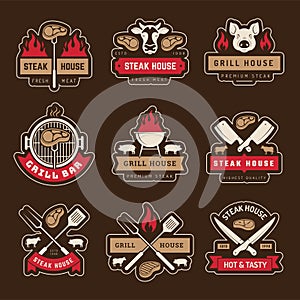 Steakhouse emblem. Meat store logotype barbeque vintage labels for restaurant menu recent vector templates set with