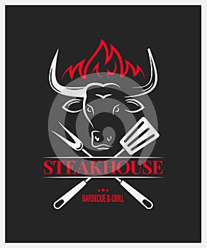 Steakhouse logo with bull head on dark background