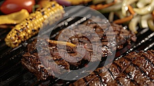 Steaks and corn on the cob cooking on a grill, sizzling and charring as they get ready to be enjoyed