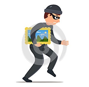 Steal a picture from a museum. a man in a black camouflage suit sneaks. character on white background