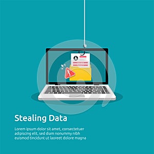 Stealing data from laptop design concept. Phishing or hacking activity on private folder document. Cyber crime vector illustration