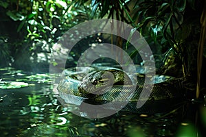 Stealthy Anaconda snake forest tropical. Generate Ai photo