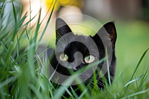 Stealthy Black cat in grass. Generate ai photo