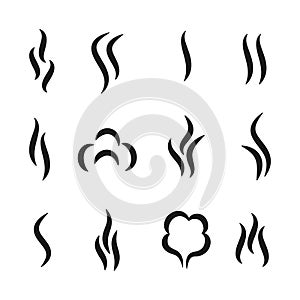 Steam aroma icons. Coffee and tea smell black symbols, set of aroma scent gas vapour and water steam. Vector smoke photo
