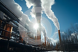 Steam billows from factory pipes, providing heat for the boiler room