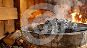 A steam bucket of hot stones being poured onto the coals producing a burst of steam and heat to intensify the sauna photo