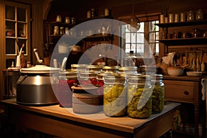 steam canner with jars inside, in a cozy kitchen setting