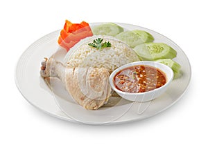 Steam Chicken with Rice on white plate