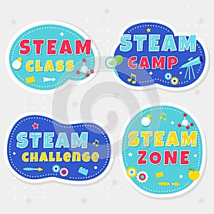 Steam Class, Camp and Zone Colorful Stickers or Banners for Kids Playrooms and School Spaces. Vector Illustration