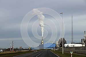 Steam clouds coming from the chimney of the Rotterdam Asphalt Centrale factory