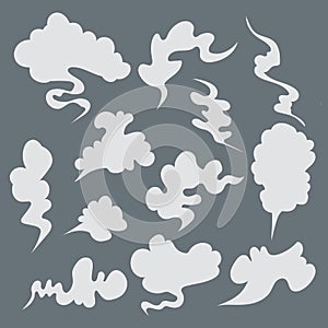 Steam clouds set. Cartoon white smoke vector Illustration. Fog flat isolated clipart for design, effects and advertising