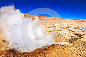 Steam coming out of the `Sol de la manana`  geyser in Bolivia