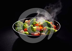 Steam cooked healthy vegetables in bowl plate in kitchen.Macro.AI Generative