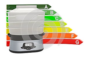 Steam cooker with energy efficiency chart, 3D rendering