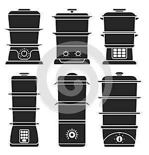 Steam cooker isolated black set icon. Vector illustration steamer on white background. Vector black set icon steam