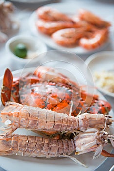 Steam crayfish and crab seafood on plate