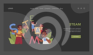 STEAM education web banner or landing page. Schoolers gaining knowledge