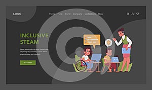 STEAM education web banner or landing page. Schoolers gaining knowledge