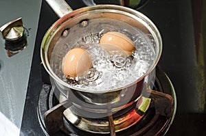 Steam, eggs and boiling water.