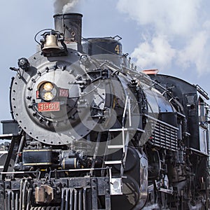 A steam engine sits on display in Williams, USA.