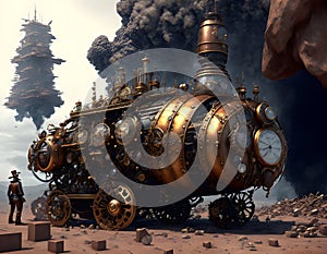 Steam engine in steampunk style. AI generated