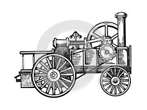 Steam engine tractor engraving vector illustration