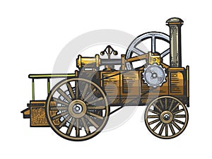 Steam engine tractor sketch engraving vector