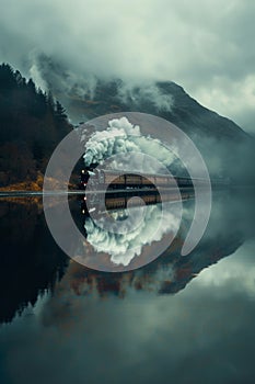 A steam engine train driving along the lake in the valley with its reflection on the water