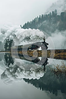 A steam engine train driving along the lake in the valley with its reflection on the water