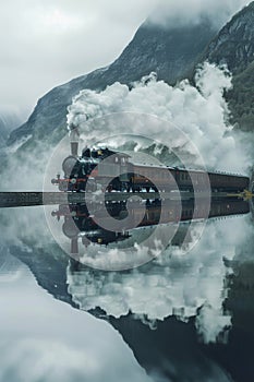 A steam engine train driving along the lake in the valley with its reflection on the water