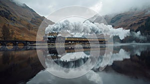 A steam engine train driving along the lake in the valley with its reflection on the water