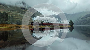 A steam engine train driving along the lake in the valley with its reflection on the water