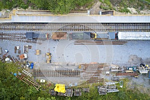 Steam engine victorian train station on vintage railway aerial view from above