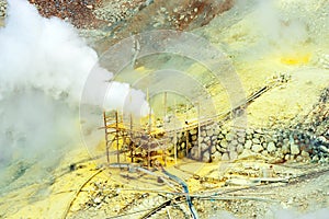 The steam from geysers Owakudani, national park Hakone, Japan. Copy space for text.