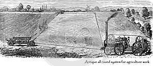 Steam harvester, vintage tractor, working machine. Agriculture panoramic banner. Farmers Antique illustration from allround sytem