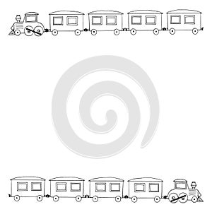 Steam locomotive and carriage frame, border. sketch hand drawn doodle style. minimalism, monochrome. invitation, card, banner.