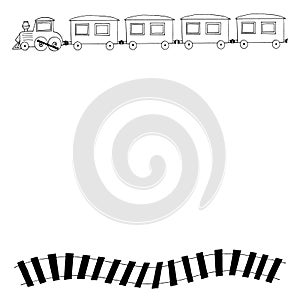 Steam locomotive, carriage and railroad frame, border. sketch hand drawn doodle style. minimalism, monochrome. template invitation