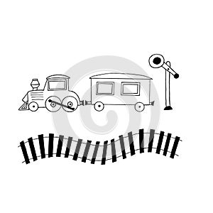 Steam locomotive and carriage, railway, simaphor set icon. sketch hand drawn doodle style. minimalism, monochrome. train,