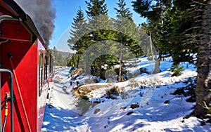 Steam locomotive drives through a forest with snow in winter. Dynamics through motion blur
