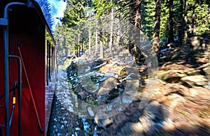 Steam locomotive drives through the mountains with snow in the forest in winter. Dynamics through motion blur