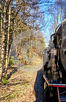 Steam locomotive ride past the trees in the forest. Dynamics through motion blur