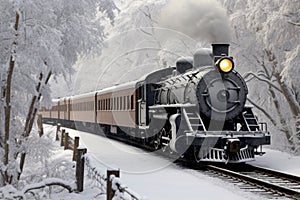 steam locomotive in a snow-covered winter scene