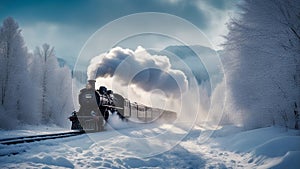 steam locomotive in the snow A steam train on a magical and mysterious day in the winter. The train is a wonderful and amazing